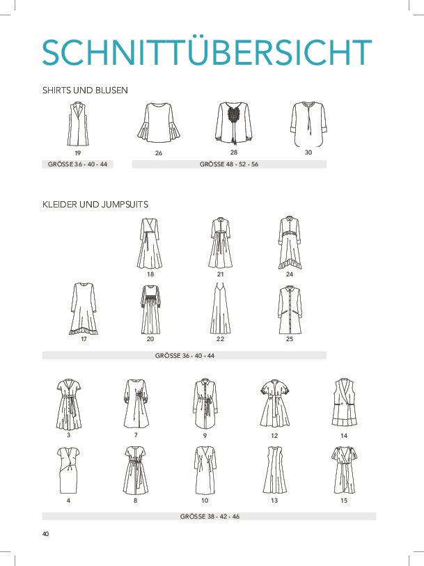 Vielseitige Muster für Blusen und Kleider, elegant und individuell. Größen von 36 bis 56, ideal für DIY-Fashion.