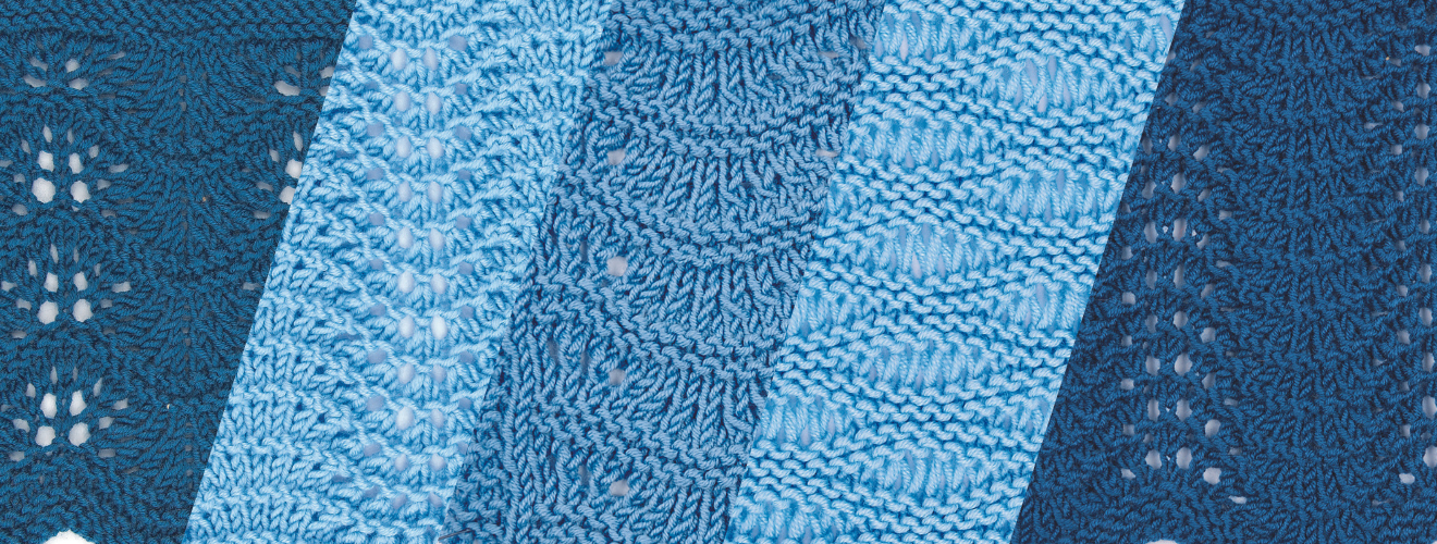 Verschiedene blaue Strickmuster, handgemacht, mit einzigartigen texturierten Designs und kunstvollen Details.