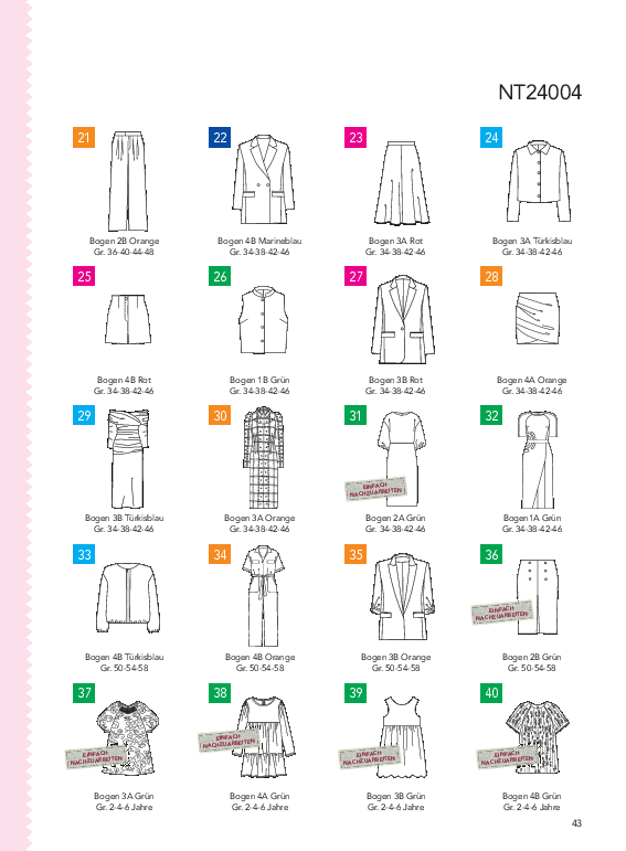 Modische Kleidungsmuster, klare Linien, vielfältige Farben, DIY-Styles; perfekt für selbstgemachte Modegestaltung.