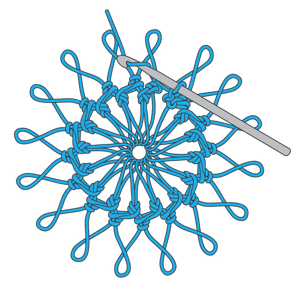 Modisches, blaues Häkelmuster in sternähnlicher Form. Handgemacht und detailreich.