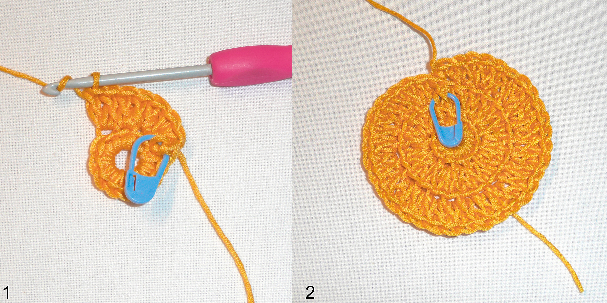 Leuchtend orange, rundes Häkelmuster. DIY, handgemacht, mit blauen Maschenmarkierern.