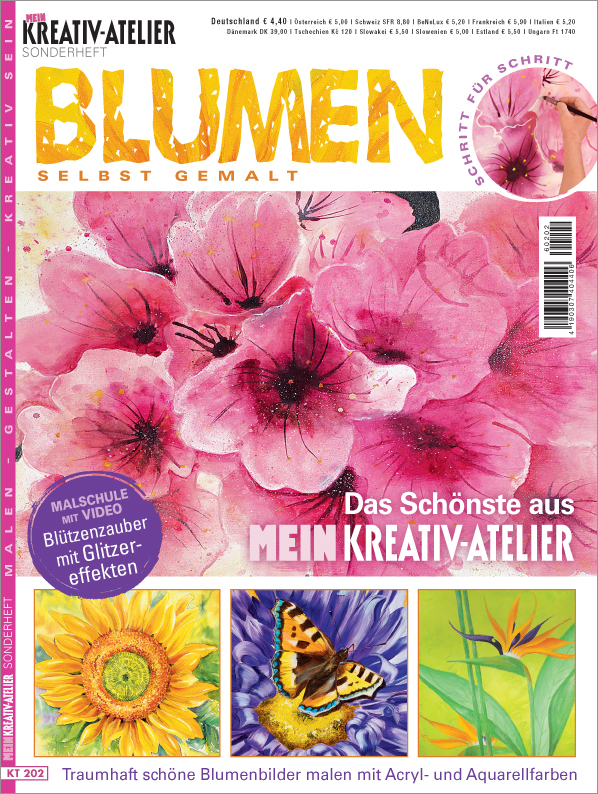 Pink-blaues Blumenmuster, aquarelliert, glitzernd, kunstvoll, selbstgemacht, modisch, kreativ.