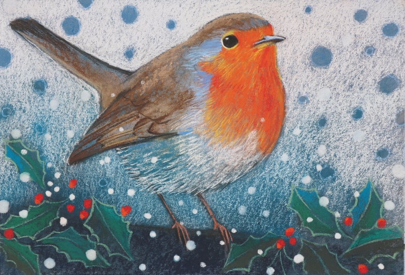 Bunter Robin mit lebendigem Rot und weichen Brauntönen. Handgemalte Qualität, winterliches Flair, Akzentfarben.