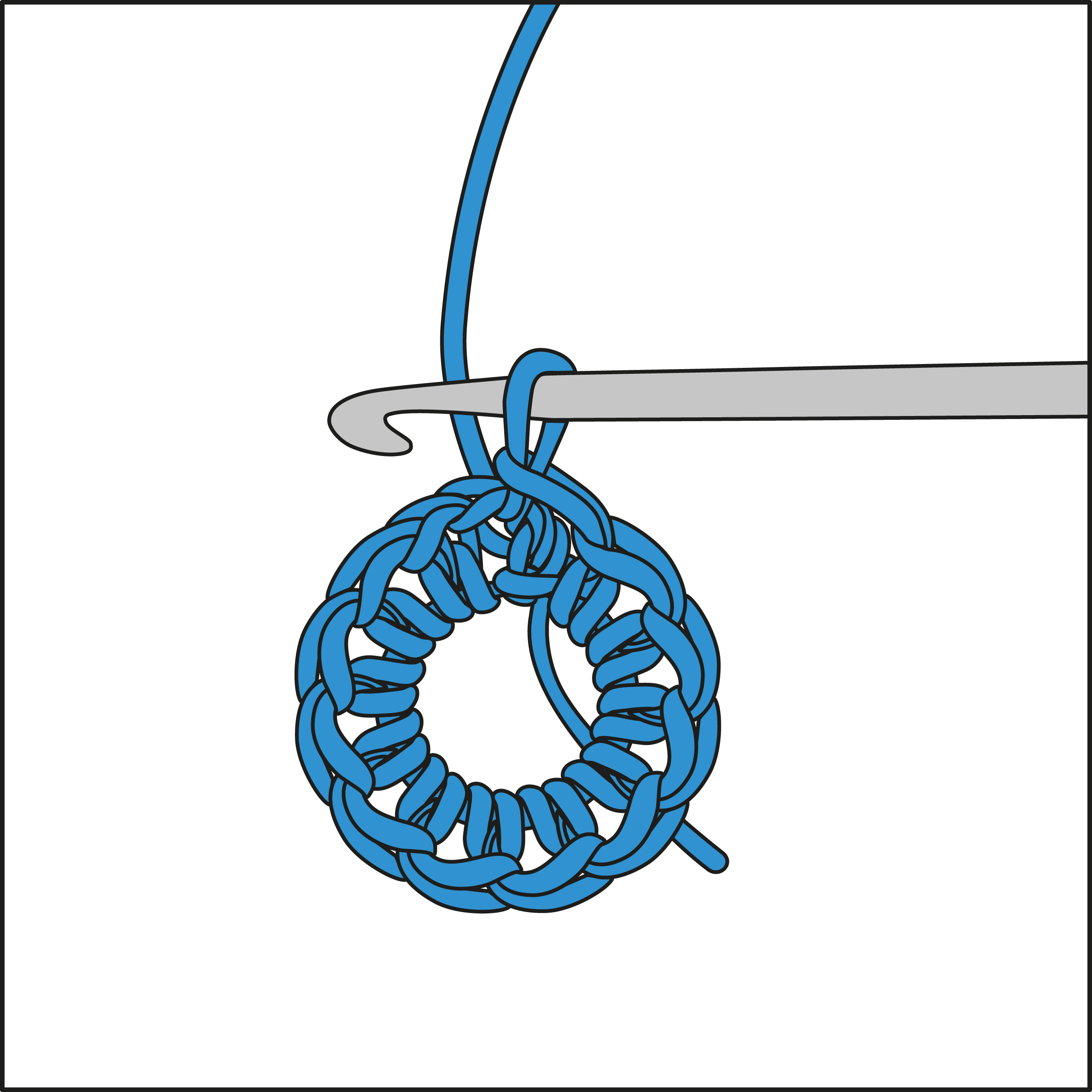 Blauer Garnring in DIY-Häkelstil, schlicht und kunstvoll, mit Häkelnadel.