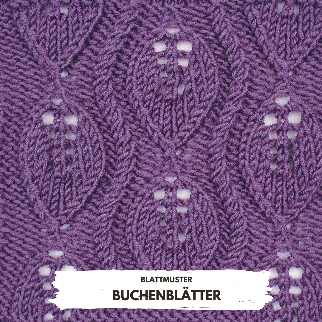 Handgemachtes Strickmuster in Lila mit Buchblatt-Design. Modisch, detailreich, einzigartig.