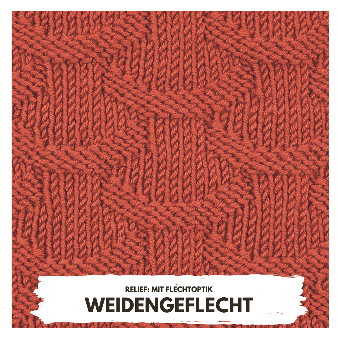 Rotes, geflochtenes Strickmuster; handgemacht, strukturiert, detailreich, kunstvoll, DIY.