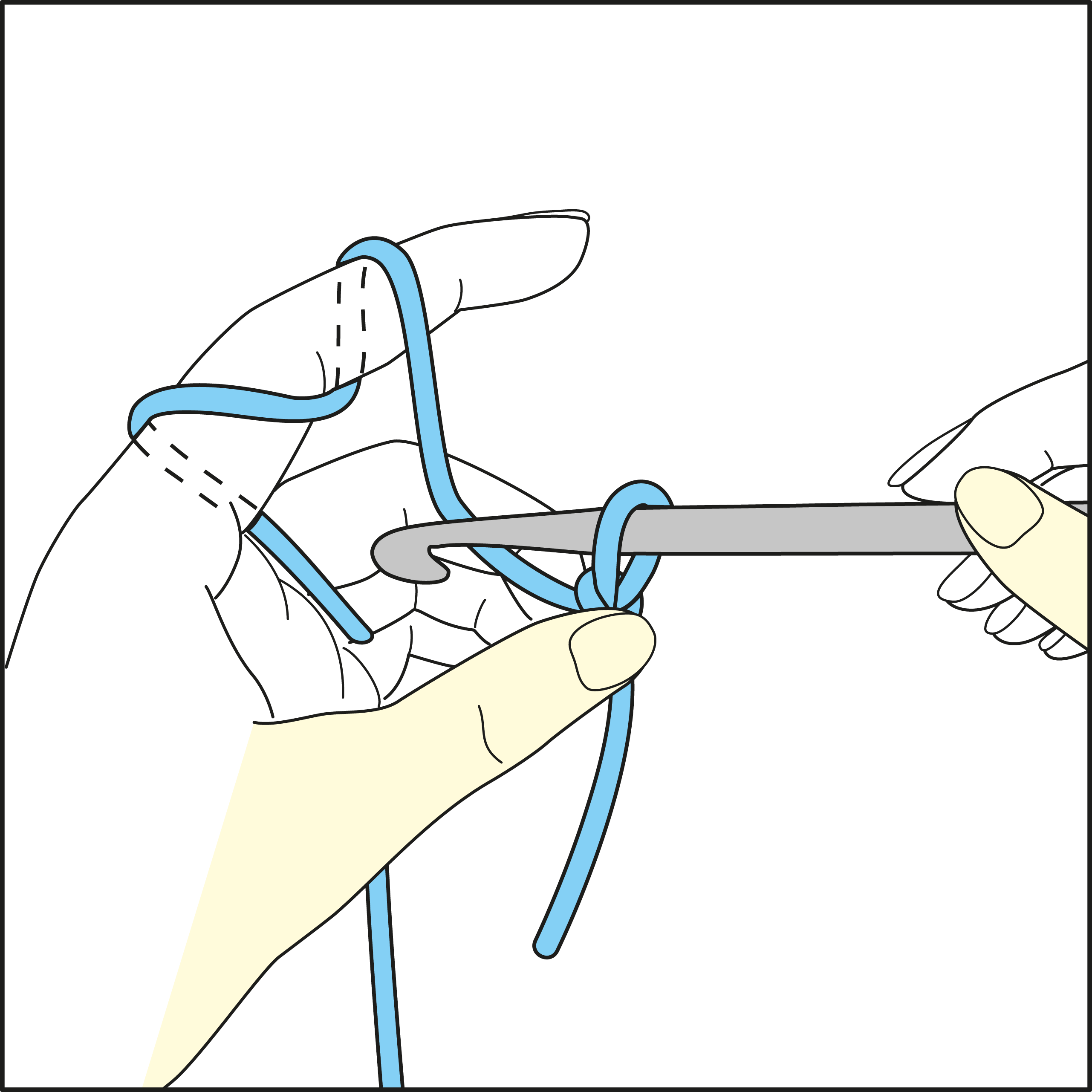 Selbstgemachte Handarbeit: Blaue Wolle mit silberner Nadel. Modisch, DIY, kreativ.