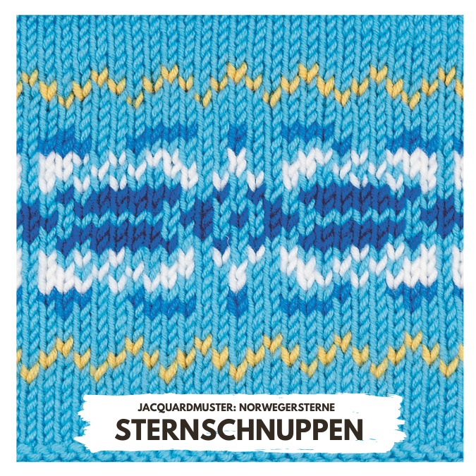 Handgemachtes Jacquardmuster, blaue und gelbe Sterne. Modische Skandinavische Strickkunst.