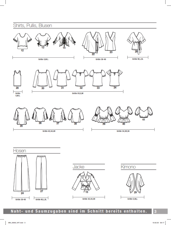 Modische Schnittmuster: lockere Shirts, elegante Blusen, stilvolle Hosen und ein klassischer Kimono. DIY-Design-Vielfalt.