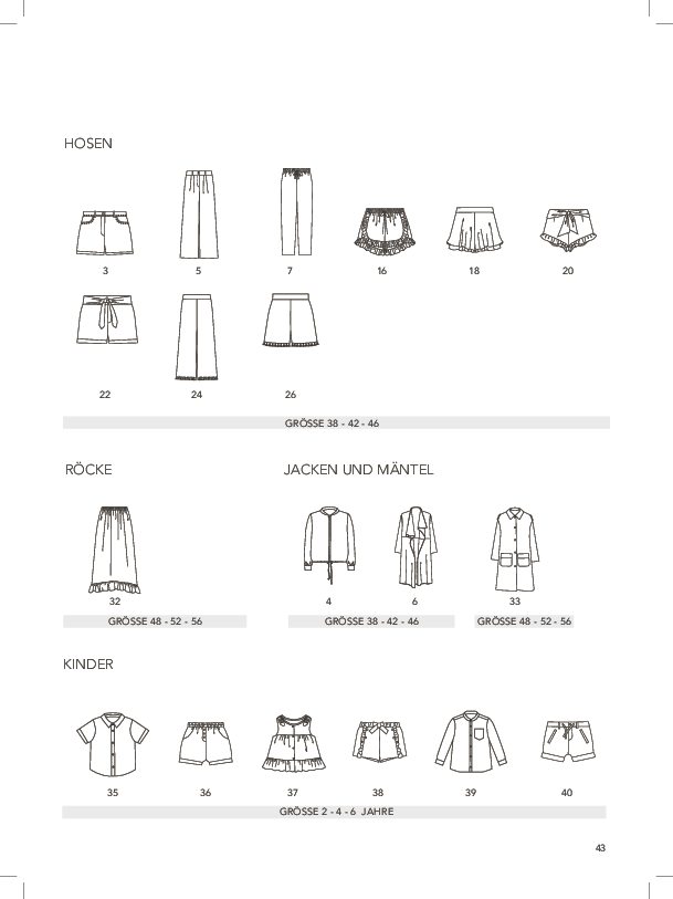 Klassische Schnitte, modische Designs; Röcke, Hosen, Jacken. Ideal für DIY und Handarbeit.