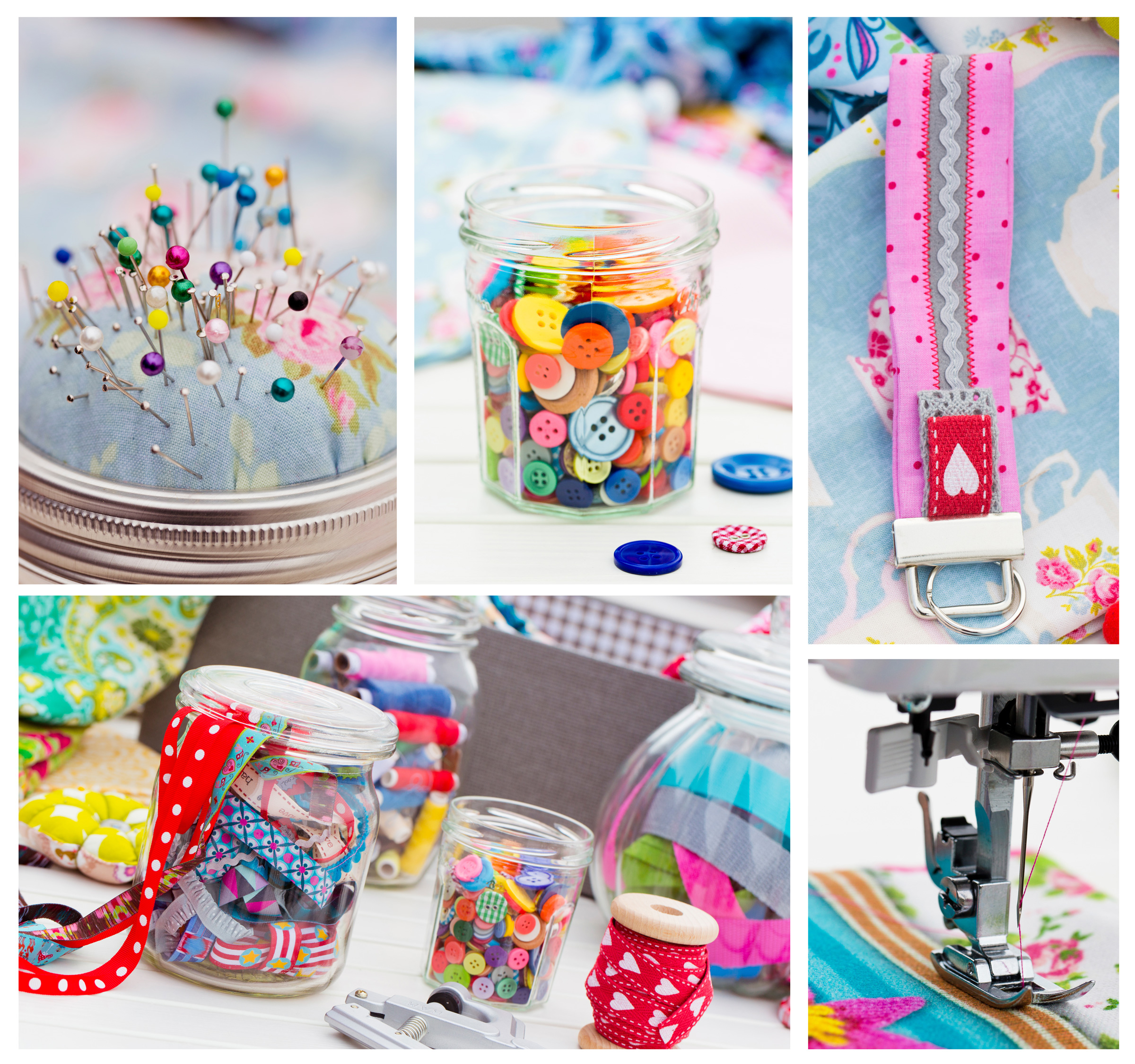 Bunte Knöpfe, Nadeln und DIY-Nähzubehör in lebendigen Farben, ideal für kreative Nähprojekte.