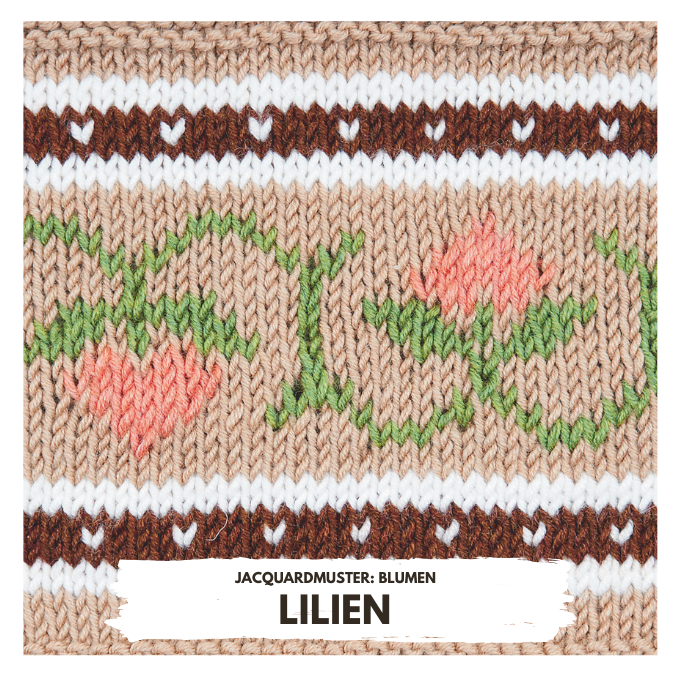 Beige Strick, florales Muster in Rosa-Grün, DIY-Look, Herzdetails, Handarbeit.