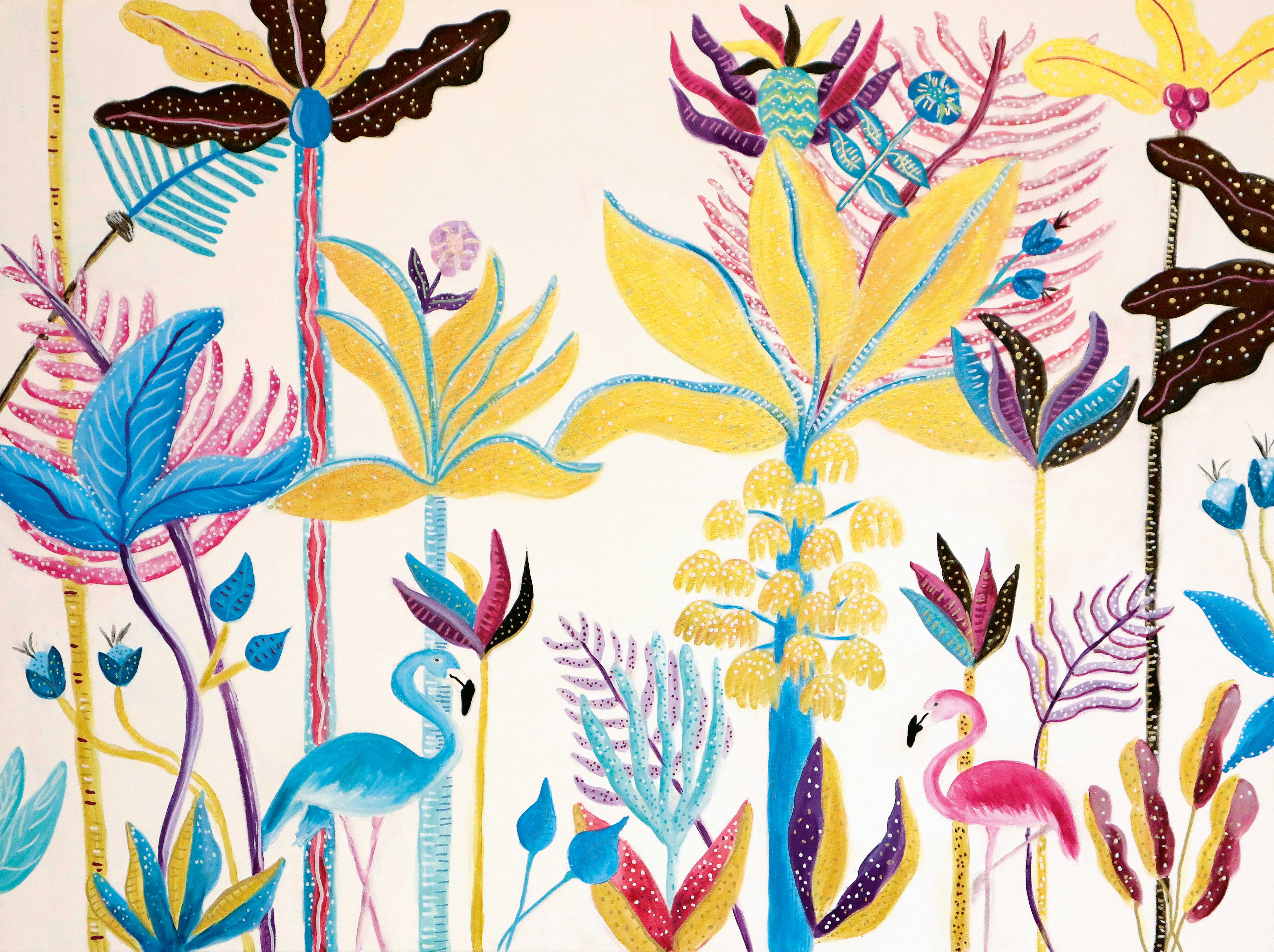Buntes Muster, tropische Pflanzen in Blau, Gelb, Pink. Handgemachte Optik, verspielte Form, kreative Gestaltung.