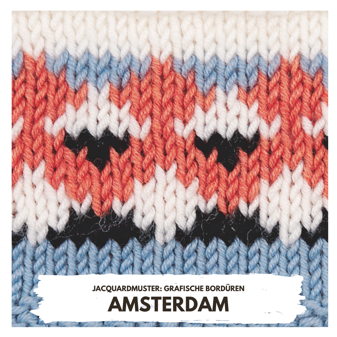 Kunstvolles, diy Strickmuster in Blau, Weiß, Rot; grafische Bordüren, handgefertigt.