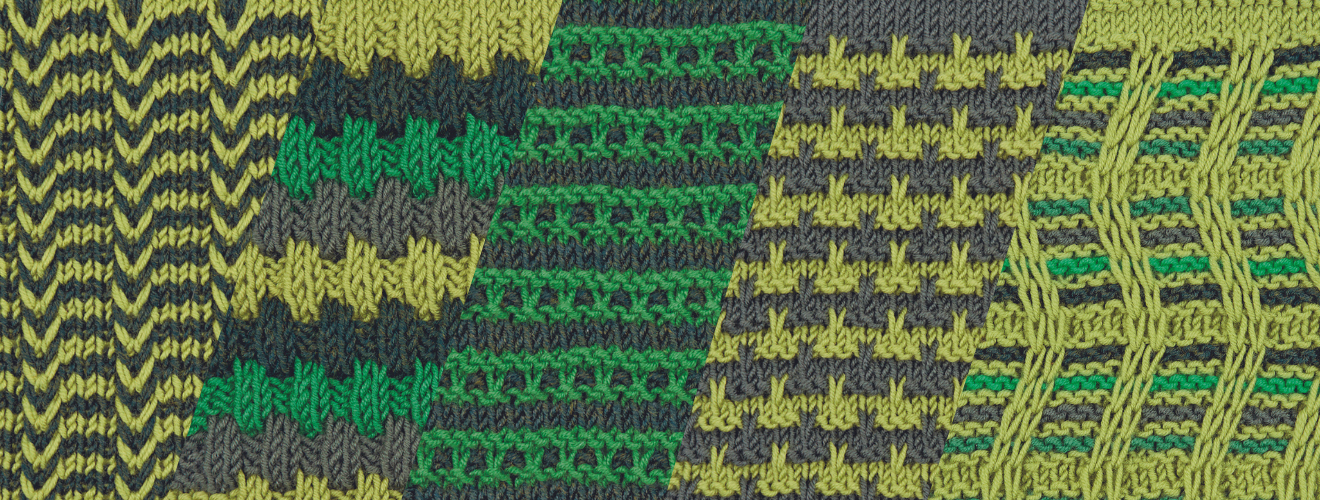 Modisches Strickmuster in Grün und Gelb. Handgemachte Texturen und kreative Linienführung.