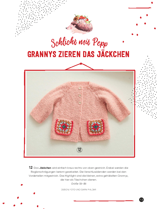Rosa Strickjäckchen mit gehäkelten Granny-Taschen, modisch und handgefertigt. DIY-Charme mit farbenfrohen Akzenten.