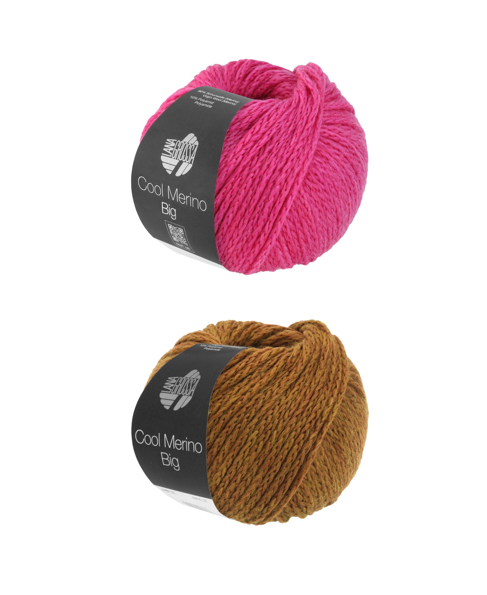 Leuchtend pinke und erdige braune Garnknäuel, ideal für DIY Handarbeitsprojekte.