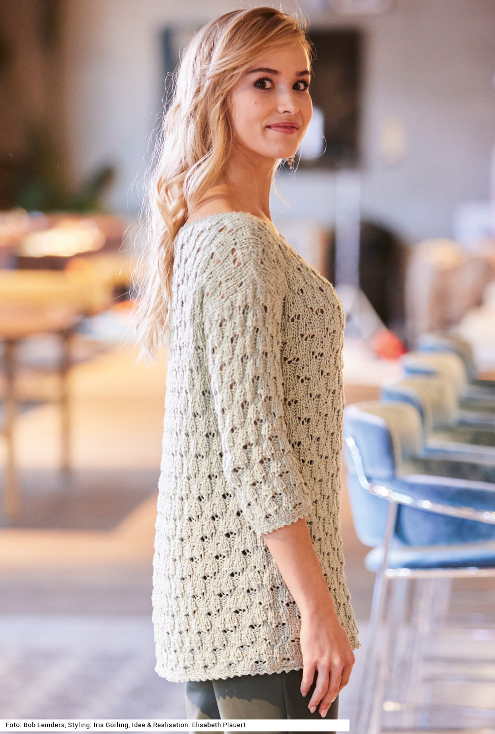 Modellansicht Bild 4: Pulli mit Ajourmuster in Pastellgrün