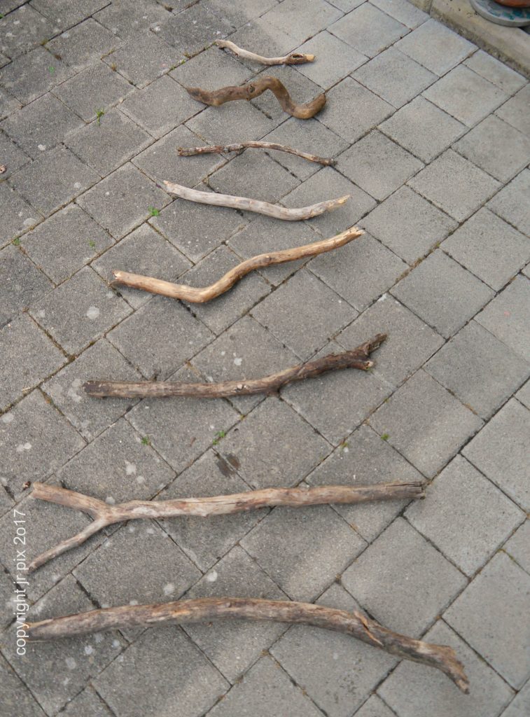 Gekrümmte Äste, variierend in Länge und Textur, betonen rustikale, natürliche Ästhetik. DIY-Deko-Material.