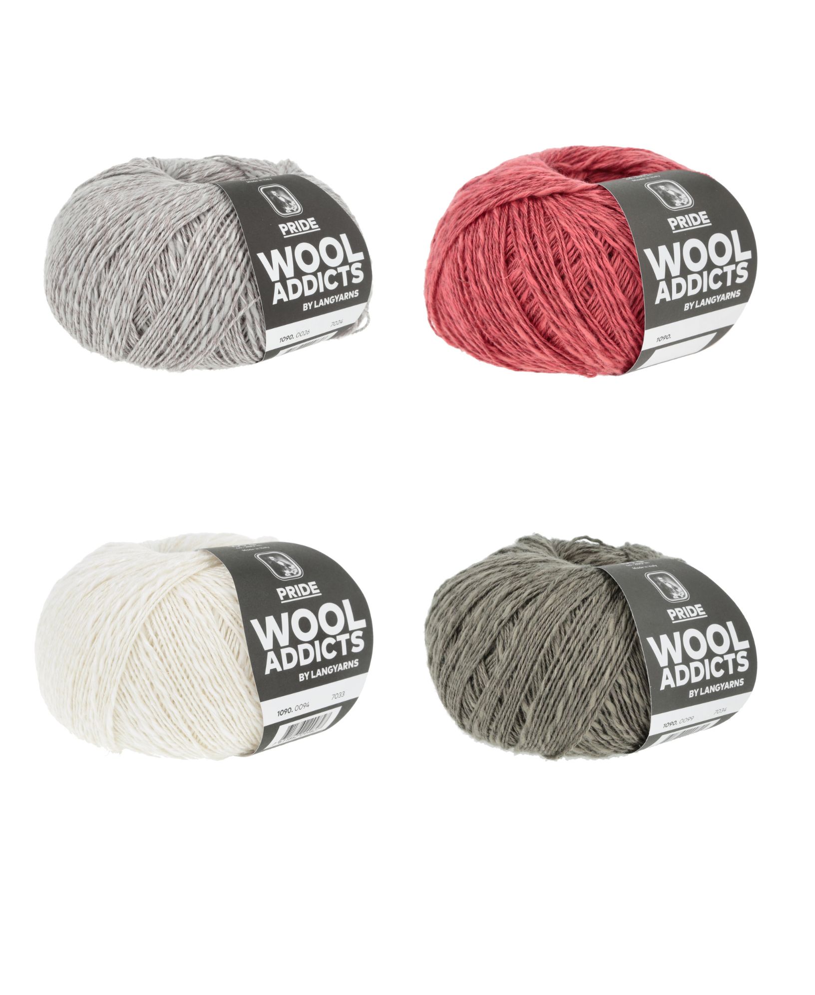 Viereck von modischen Wollknäueln: Grau, Rot, Weiß, Olivgrün. Ideal für DIY Handarbeiten.