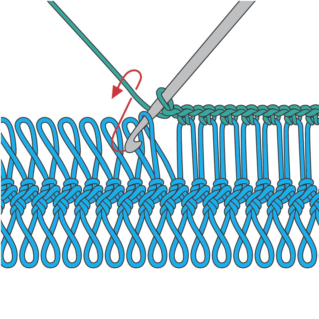 Illustration zeigt DIY-Häkeltechnik mit blauen und grünen Maschen, betont kreative Handarbeit.