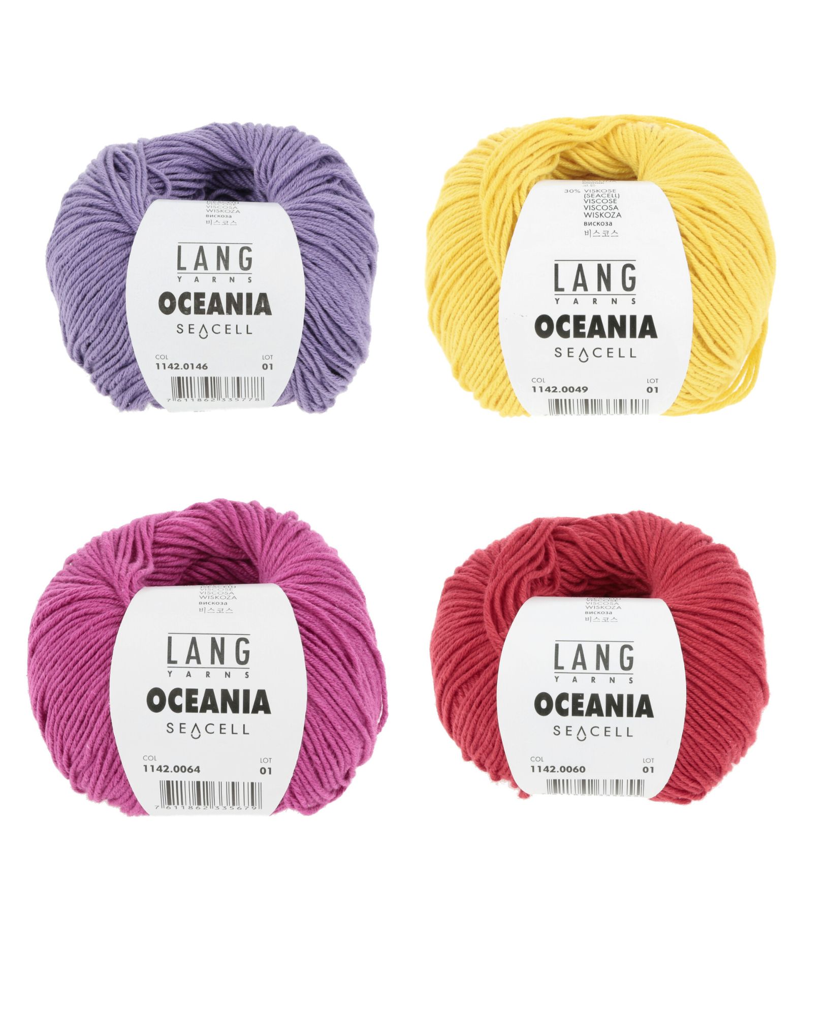 Vier Bälle aus weichem Garn in Lila, Gelb, Pink und Rot, ideal für modische DIY-Handarbeiten.