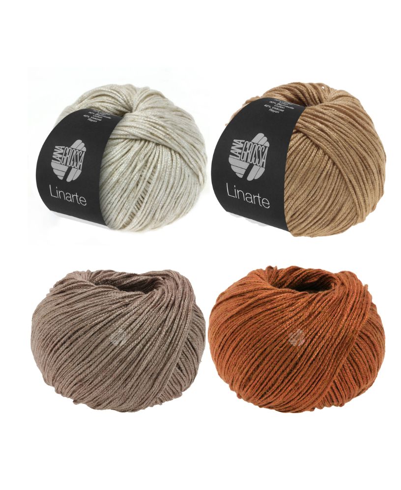 Vier Garnknäuel in Naturtönen: Beige, Sand, Taupe, Rost. Ideal für handgemachte, modische DIY-Projekte.