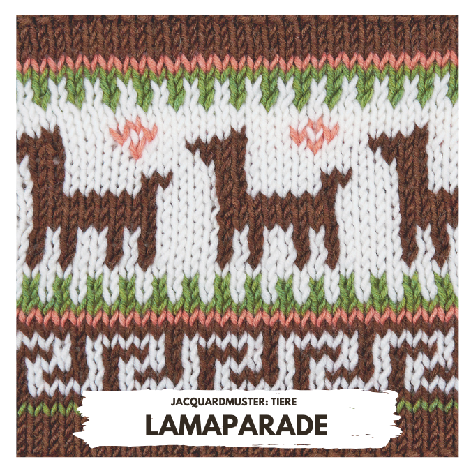 Farbige Jacquardmuster mit Lamas. Farben: Braun, Weiß, Grün. Modisch, handgemacht, einzigartig.