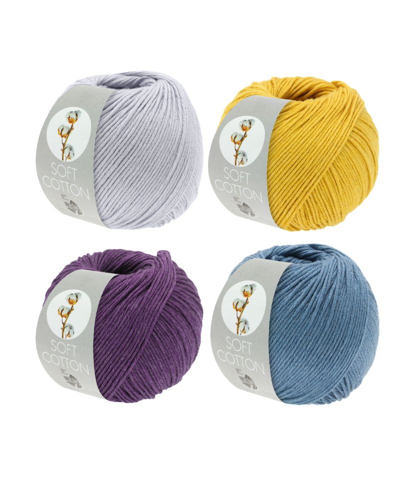 Weiches Baumwollgarn in Gelb, Blau, Lila und Grau. Ideal für modische DIY-Projekte und Handarbeiten.