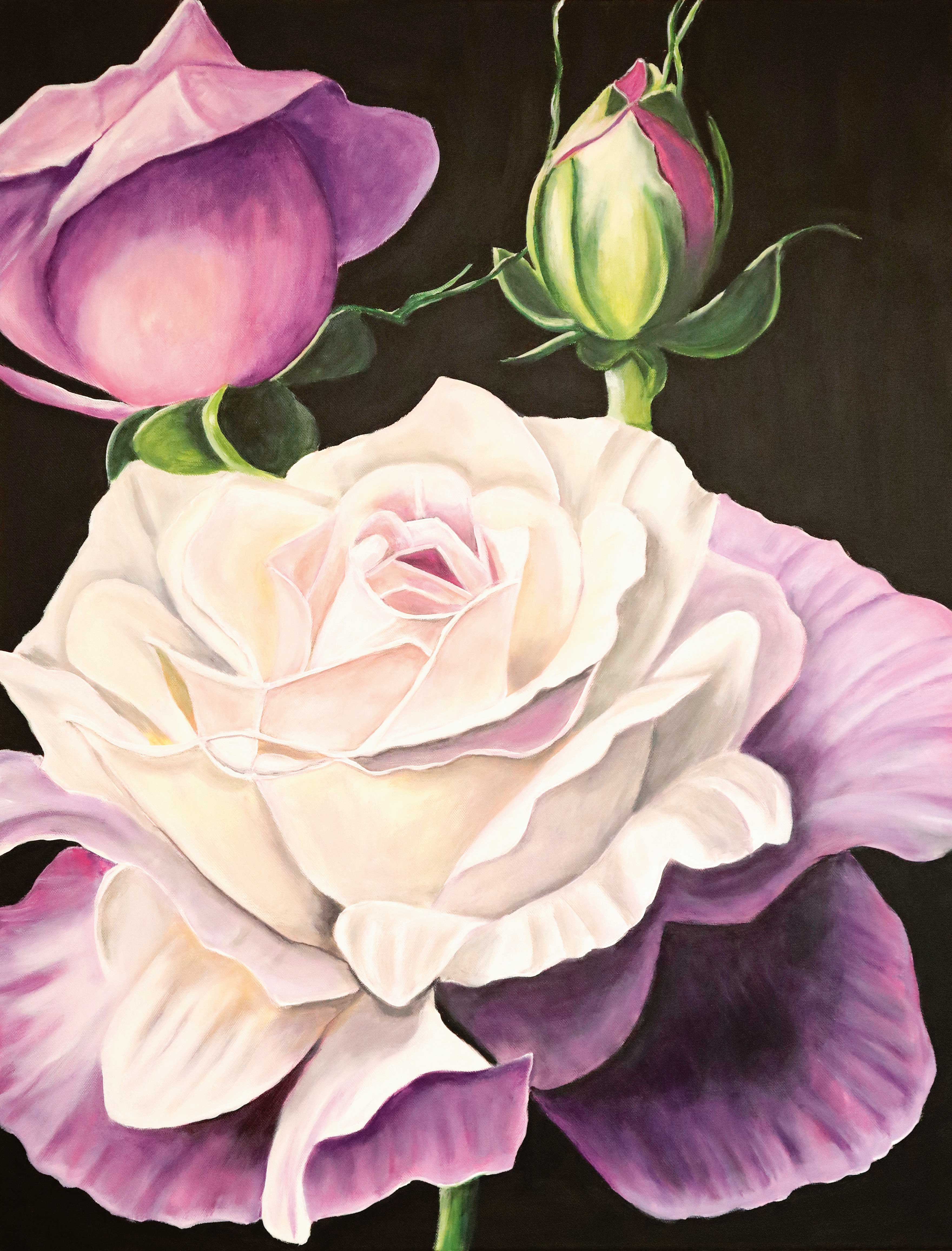 Zarte Pastellfarbe, harmonische Übergänge, elegant geschwungene Blütenblätter, künstlerisch handgemalt.