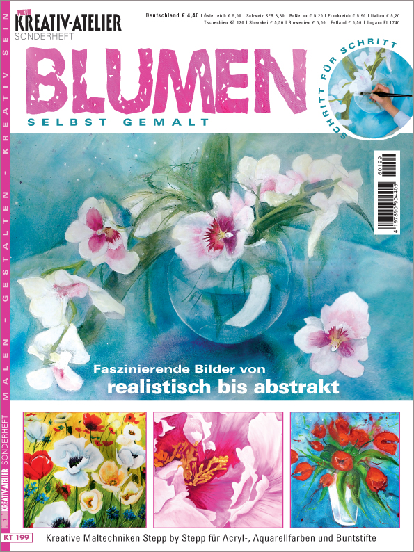 Lebendige Blumenmotive in intensiven Aquarelltönen, handgemacht und kreativ, von realistisch bis abstrakt.