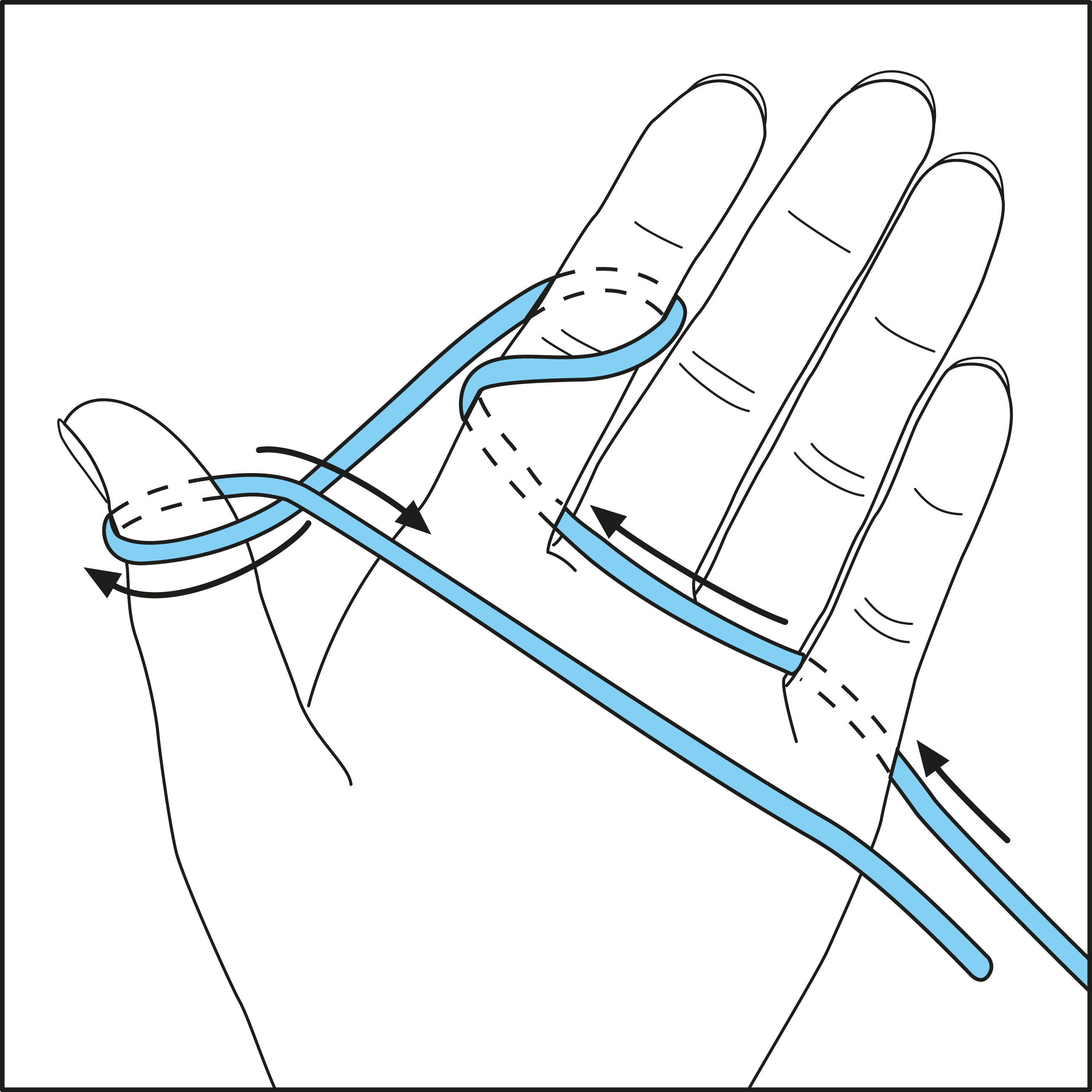 Blaues Garn in abstraktem Muster durch Hand geführt. Selbstgemacht, DIY, Handarbeit.