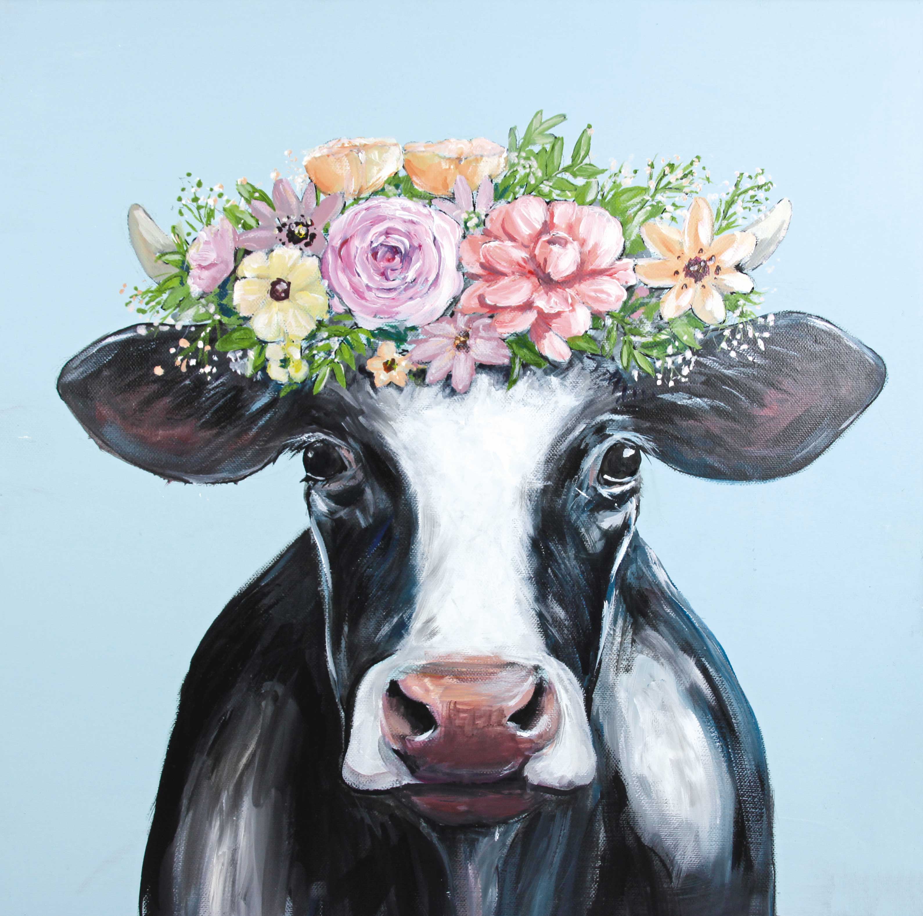 Kuh mit floristischer Blumenkrone; kunstvoll, handgemacht, farbenfroh, kreativ, einzigartig.