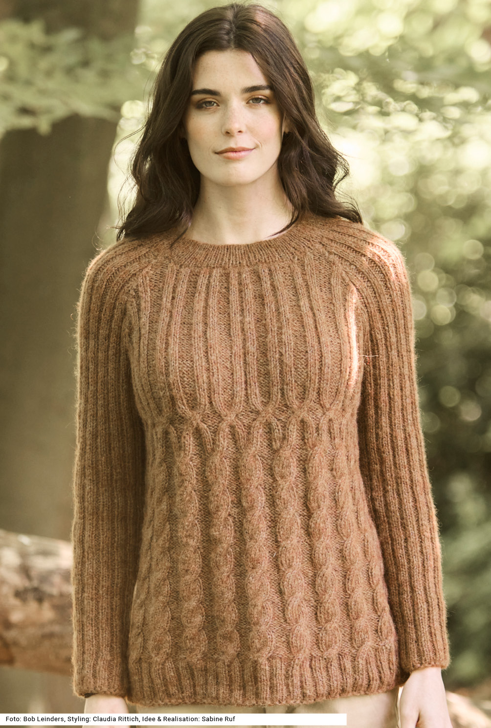 Modellansicht Bild 2: Raglanpulli mit Zopf- und Rippenmuster