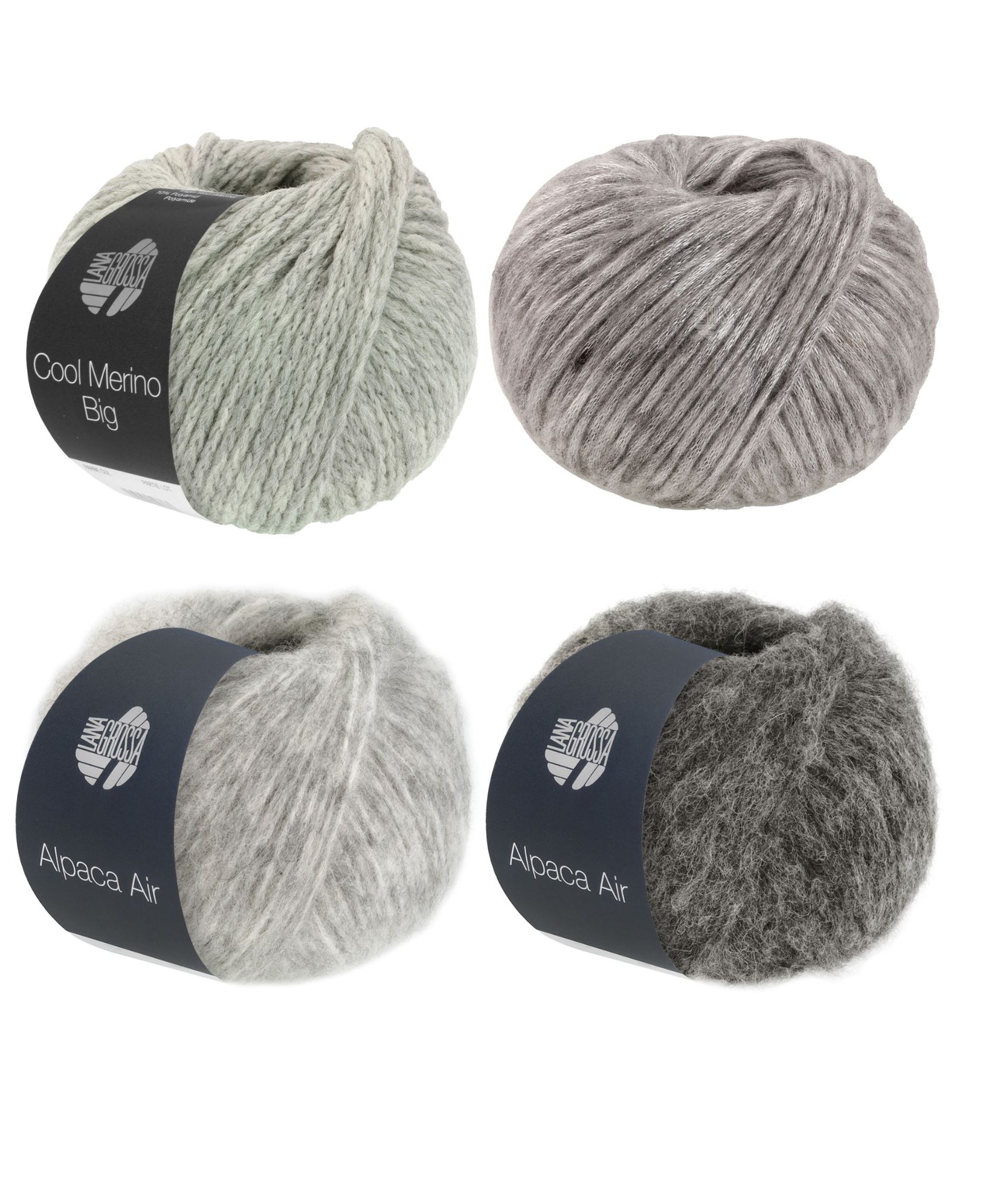 Vier Knäuel aus weicher, eleganter Wolle in sanften Grautönen, ideal für modische Handarbeiten.