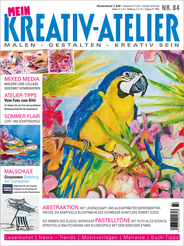 Papagei in buntem Artwork, dominierende Blau-, Gelb-, und Pinktöne; ausdrucksstarke, farbenfrohe Komposition.