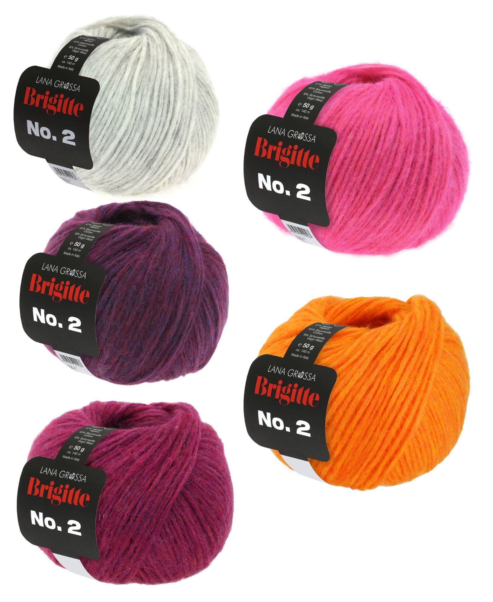 Farbenfrohe Wolle in Pink, Orange, Grau, Violett. Perfekt für DIY-Projekte. Weich, voluminös, hochwertig.