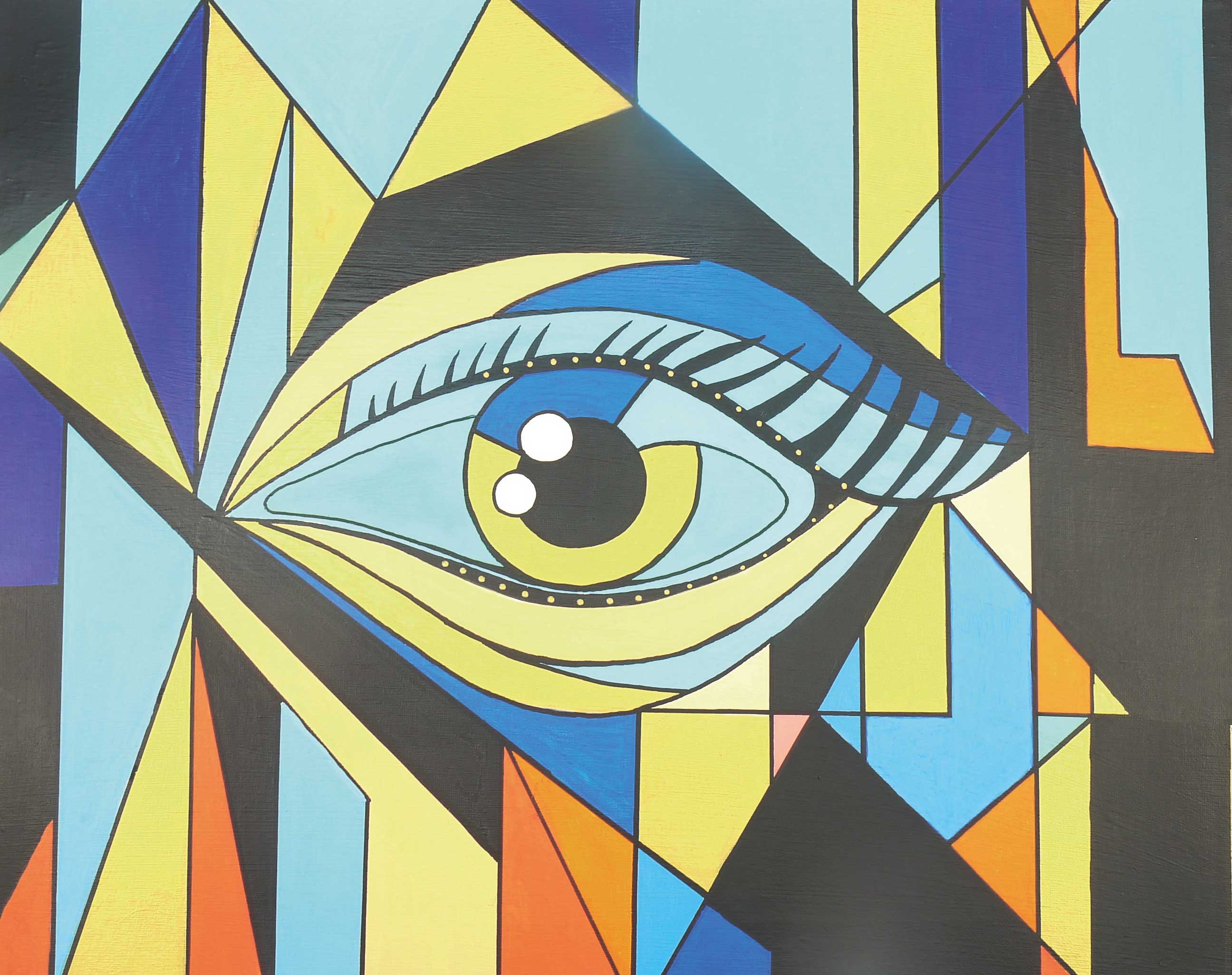 Buntes, geometrisches Muster, kräftige Farben; stilvolle Symmetrie. Ein modisches, handgearbeitetes Kunstwerk.