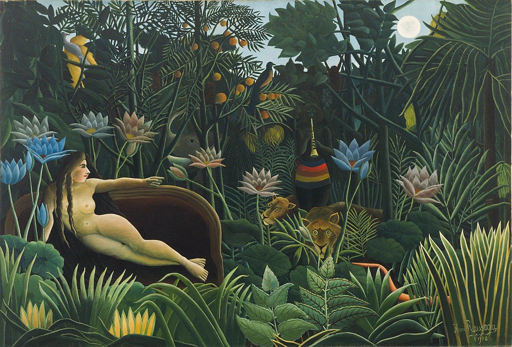 Dschungelszene mit kräftigen Farben, exotischen Pflanzen. Harmonische Komposition, wild, exotisch, natürlich.