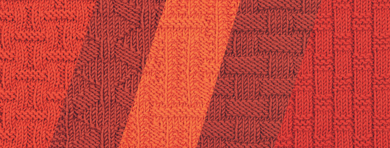 Lebhafte rote Texturen, komplexe Strickmuster. Modisches, handgearbeitetes Design.