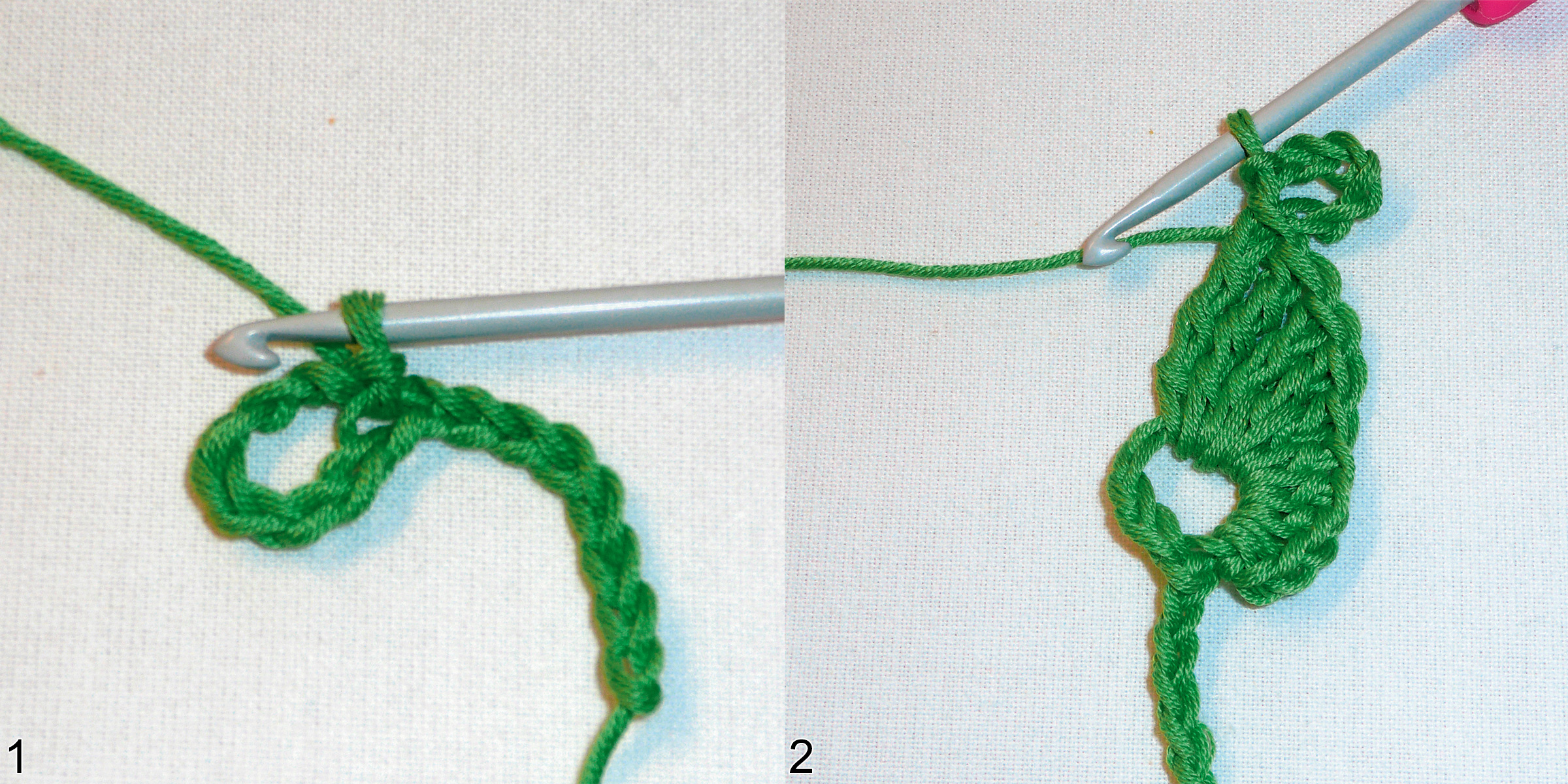 Grünes, handgemachtes Häkeldetail; geschwungene Muster, DIY-Charme, modische Handarbeit.