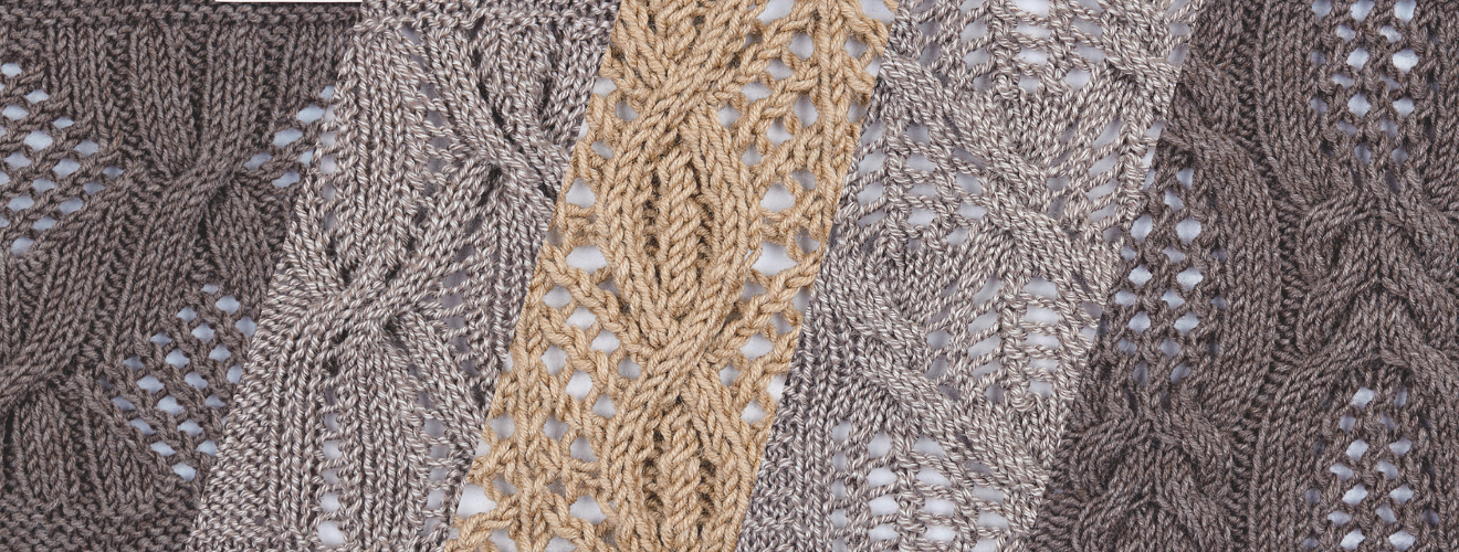 Elegante, handgemachte Strickmuster in Braun- und Beigetönen, modisch, DIY, detailreich mit Zopfmustern.