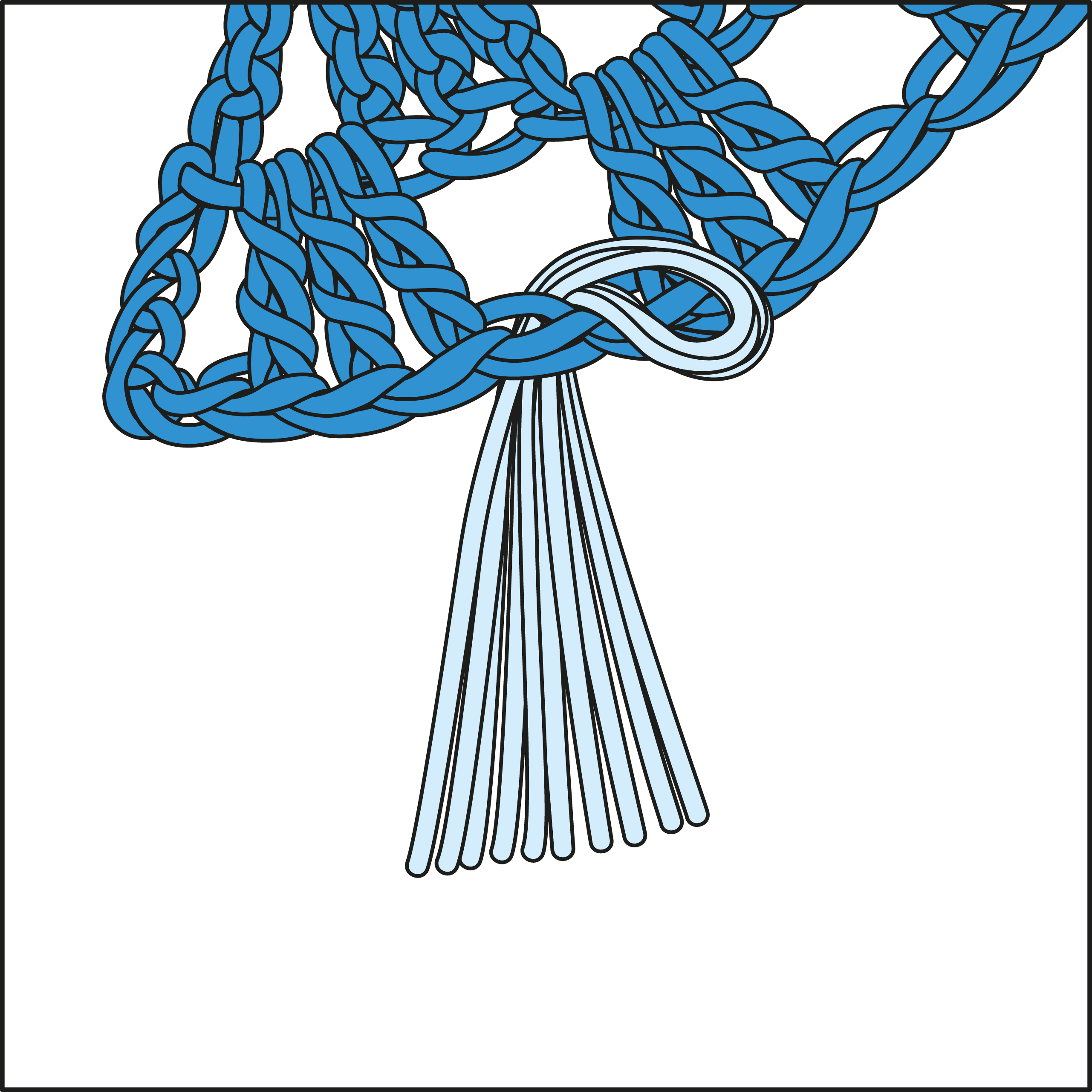Blaues, handgemachtes Makramee mit dicken Knotenstrukturen und langen Fransen. Kreativ und stilvoll.