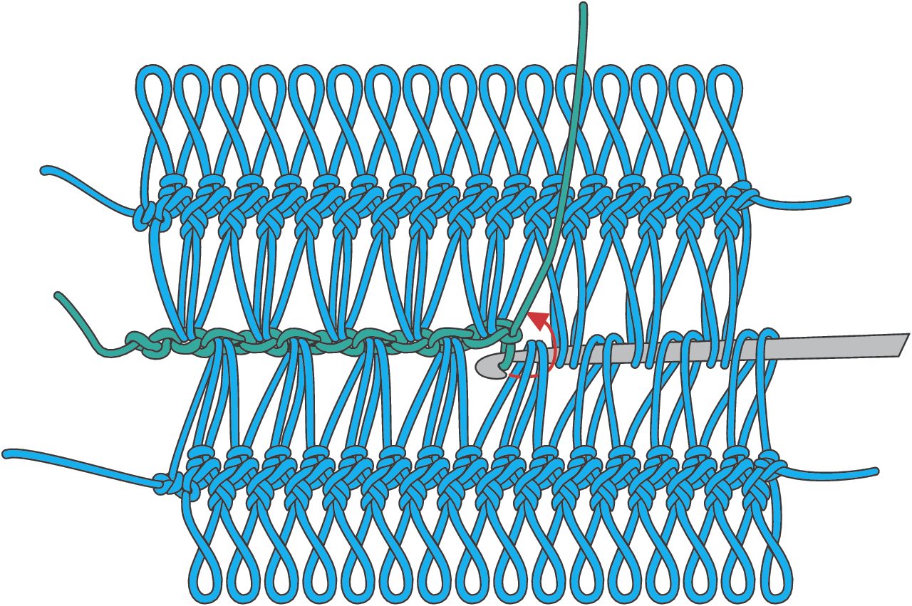 Selbstgemachtes Häkelmuster in Blau. Auffällige, ineinander verschlungene Maschenstruktur, modisch und kreativ.