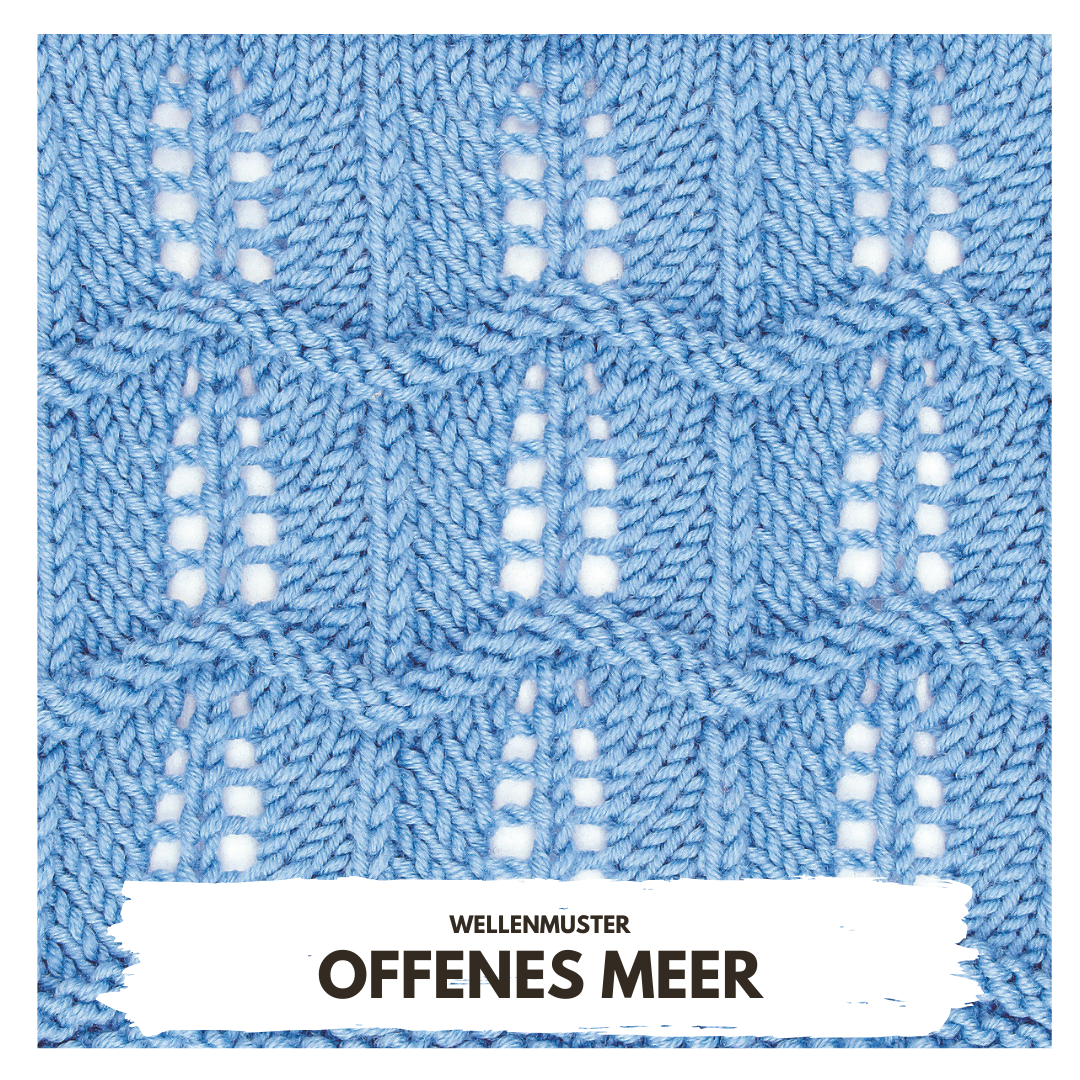Handgemachtes Wellenmuster in Blau, modisch und kunstvoll, erinnert an offenes Meer. DIY-Strickprojekt.