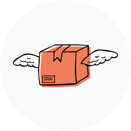 Illustration eines orangefarbenen Pakets mit Flügeln. Einfaches Design, kreativ, moderner Stil.