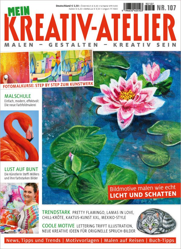 Pinke Blüten, grüne Blätter; handgemalte Erscheinung, lebendige, kontrastreiche Farben.