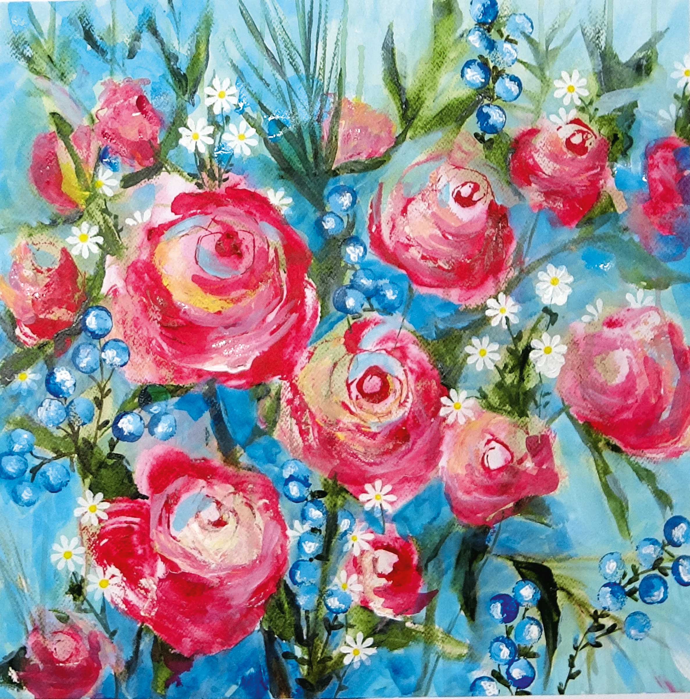 Bunte, handgemalte Rosen in Rot und Blau. Lebendige, verspielte Muster mit DIY-Charme und künstlerischen Details.