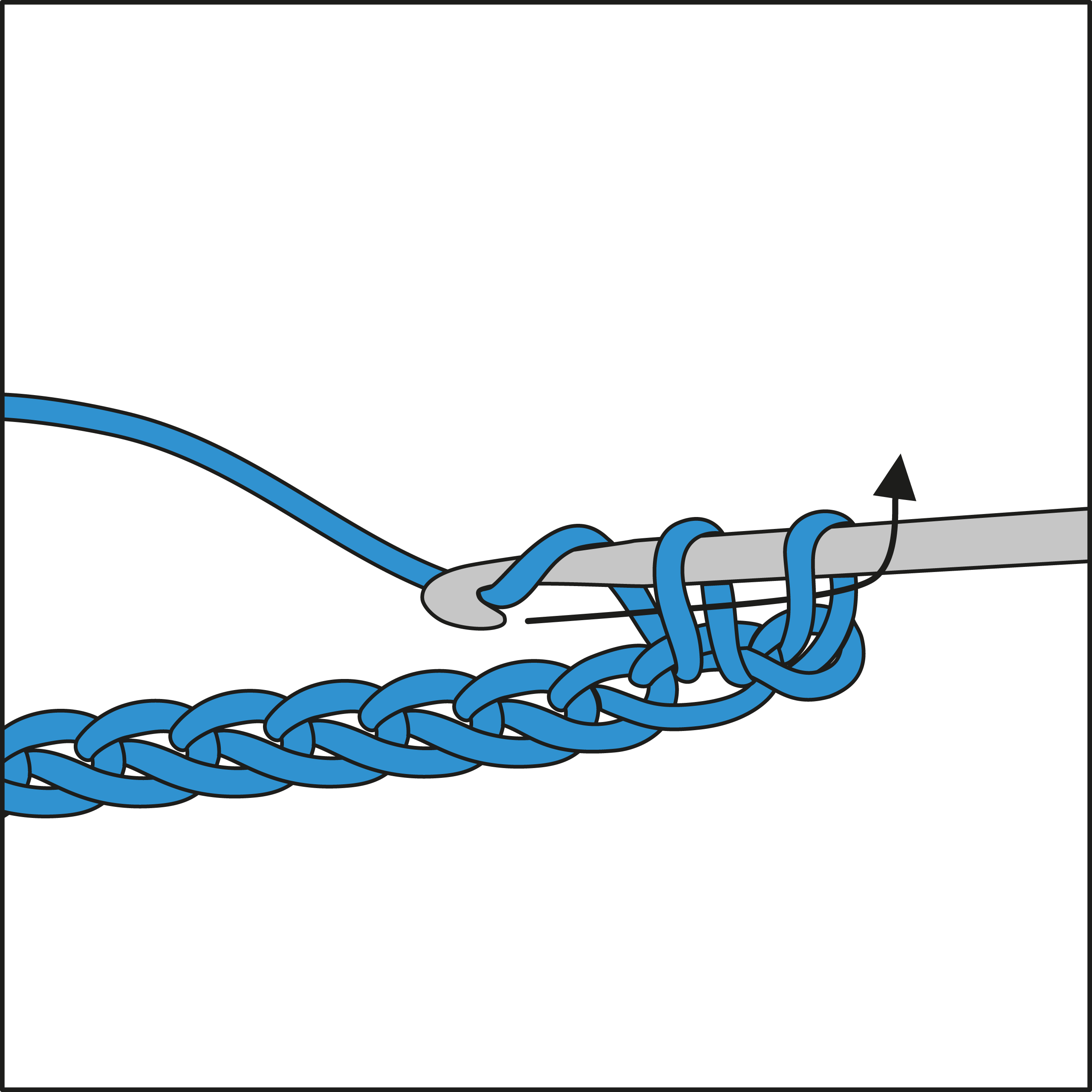 Illustration einer blauen Häkelarbeit mit Häkelnadel. Kunstvoll, handgemacht, kreativ.