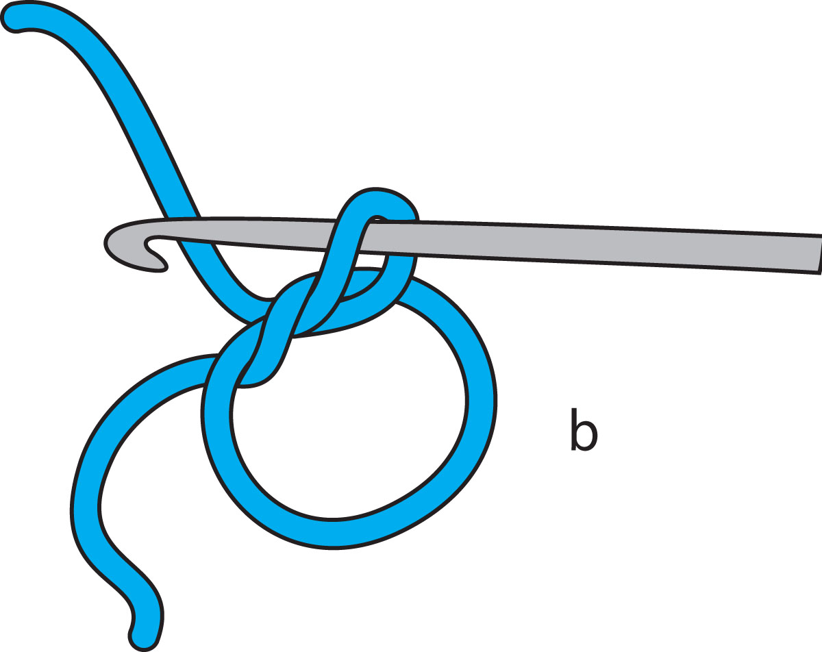Blauer Faden mit Häkelnadel in Schlaufe. DIY Handarbeit Schritt, ideal für modisches Häkelprojekt.